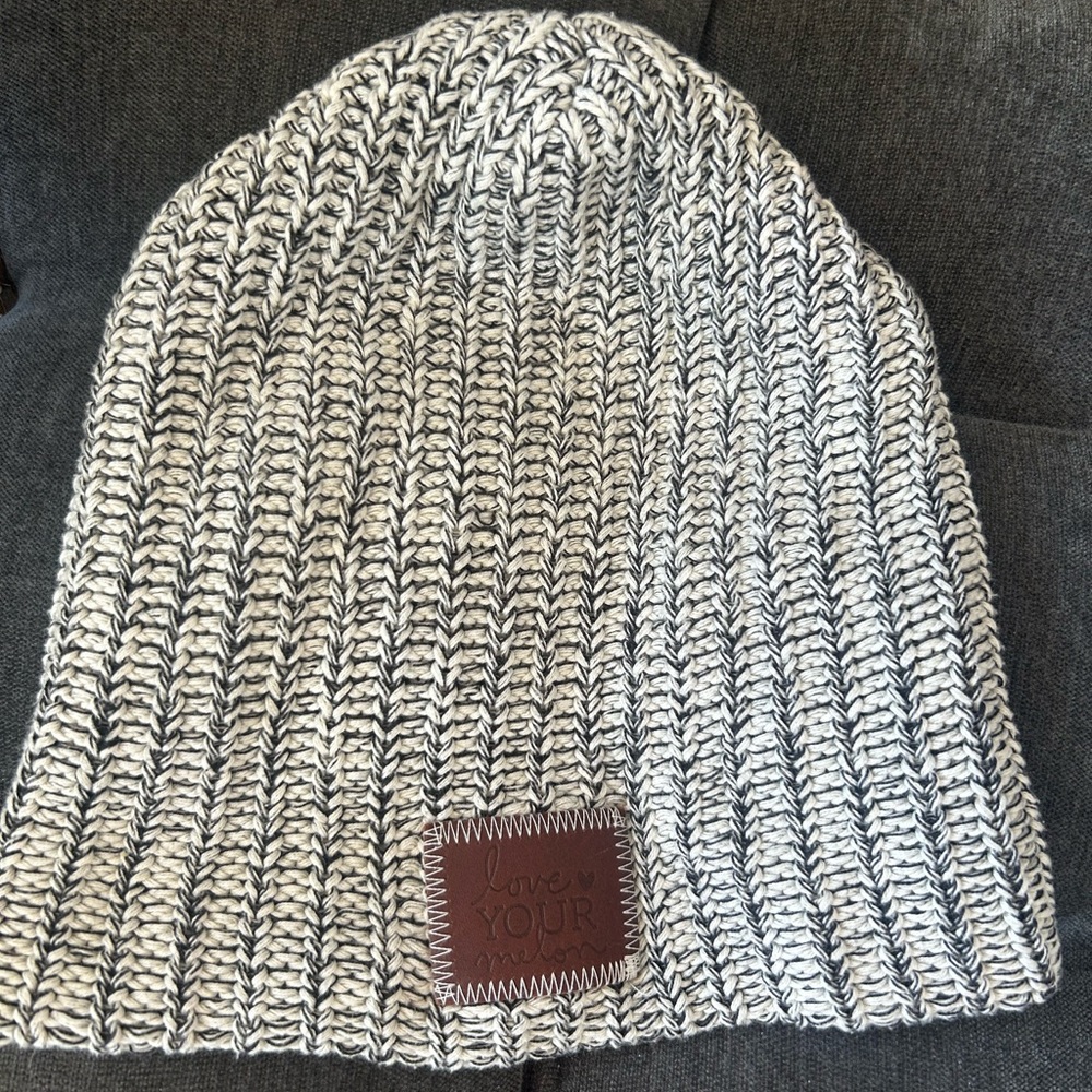Love Your Melon Black and White Knit Beanie with Brown Patch